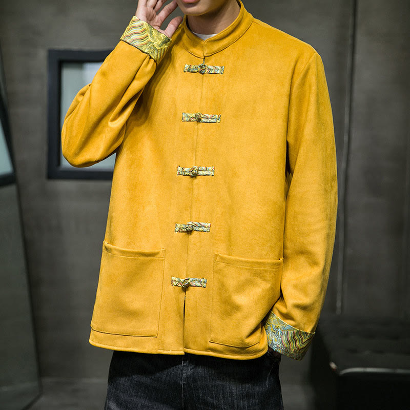 Veste en daim et coton à manches longues pour homme, motif vagues d'automne et Buddha Stones, avec poches et boutons grenouille - image 10