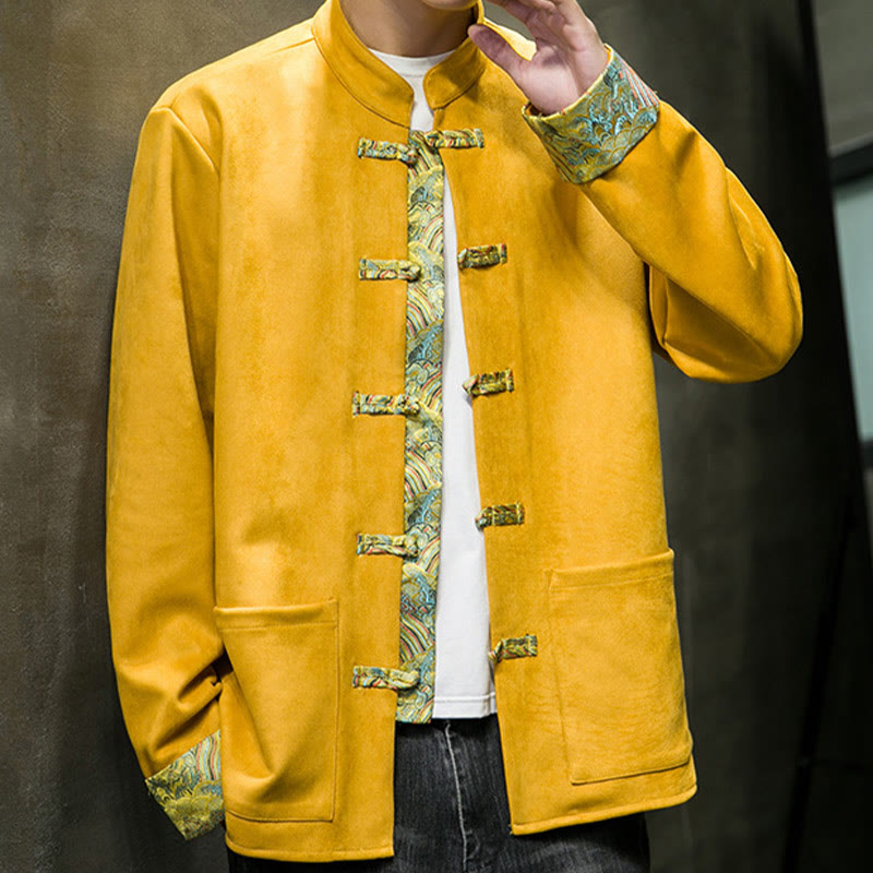 Veste en daim et coton à manches longues pour homme, motif vagues d'automne et Buddha Stones, avec poches et boutons grenouille - image 1