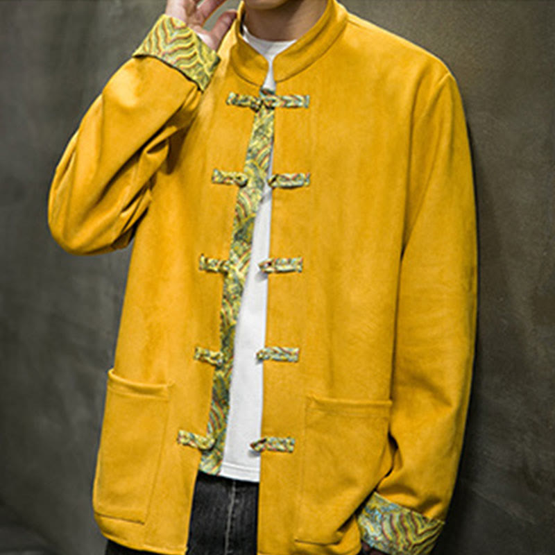 Veste en daim et coton à manches longues pour homme, motif vagues d'automne et Buddha Stones, avec poches et boutons grenouille - image 2