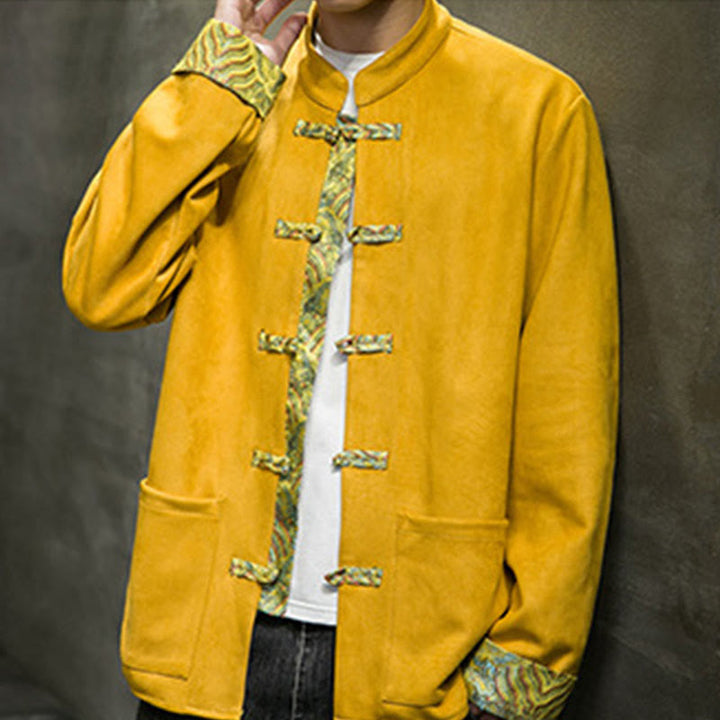 Veste en daim et coton à manches longues pour homme, motif vagues d'automne et Buddha Stones, avec poches et boutons grenouille - image 2