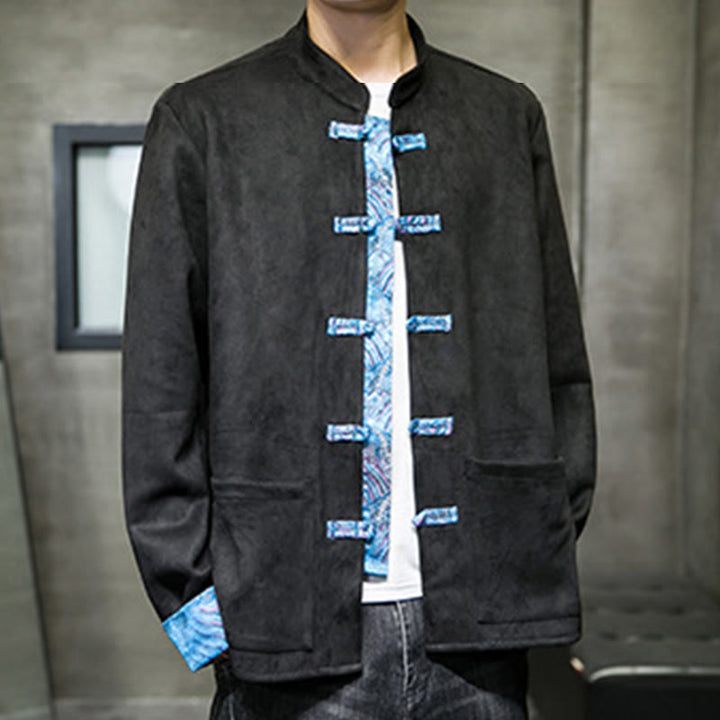 Veste en daim et coton à manches longues pour homme, motif vagues d'automne et Buddha Stones, avec poches et boutons grenouille - image 19