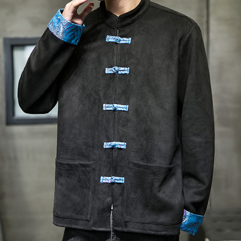 Veste en daim et coton à manches longues pour homme, motif vagues d'automne et Buddha Stones, avec poches et boutons grenouille - image 17