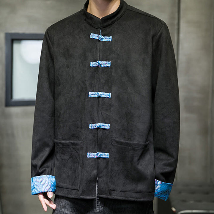 Veste en daim et coton à manches longues pour homme, motif vagues d'automne et Buddha Stones, avec poches et boutons grenouille - image 23