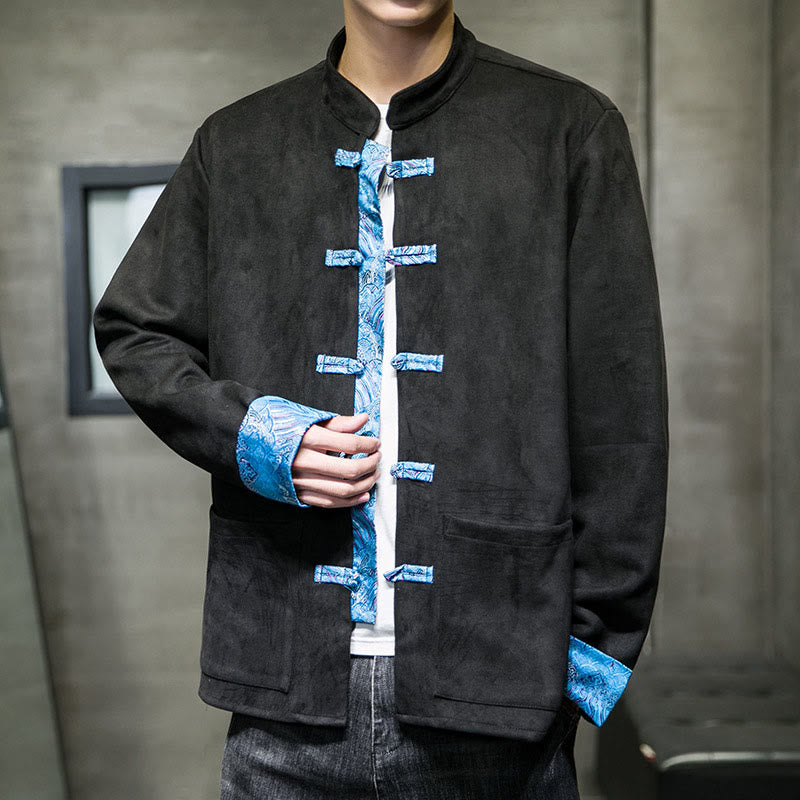 Veste en daim et coton à manches longues pour homme, motif vagues d'automne et Buddha Stones, avec poches et boutons grenouille - image 16