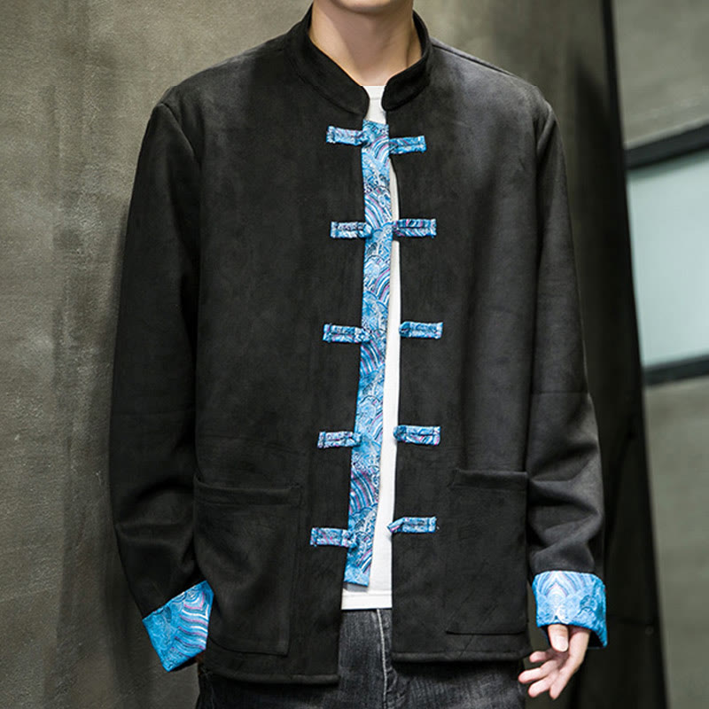 Veste en daim et coton à manches longues pour homme, motif vagues d'automne et Buddha Stones, avec poches et boutons grenouille - image 22