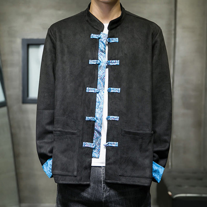 Veste en daim et coton à manches longues pour homme, motif vagues d'automne et Buddha Stones, avec poches et boutons grenouille - image 21