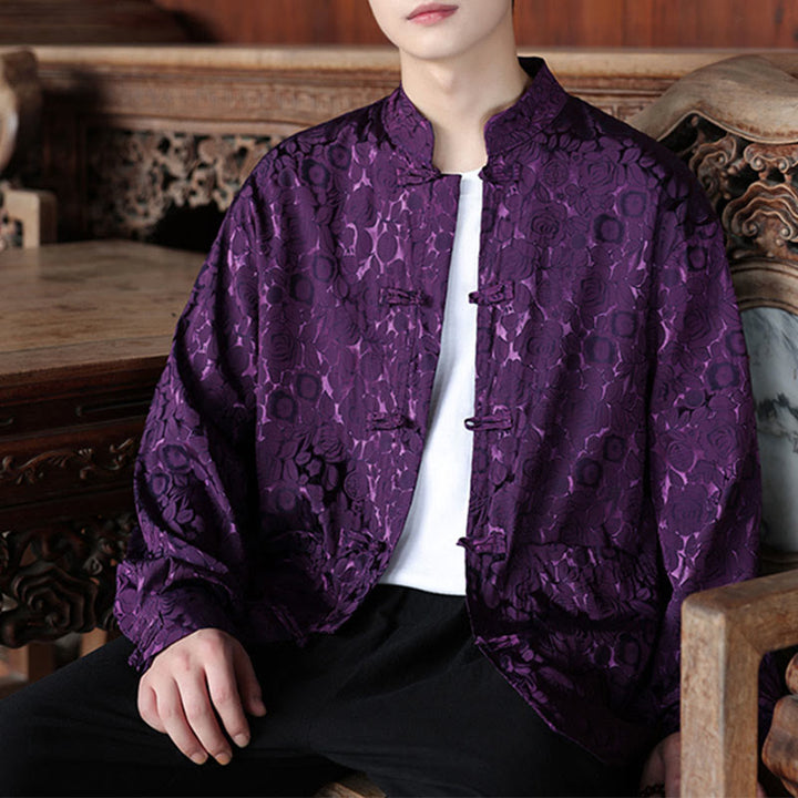 Veste homme à manches longues avec poches, motif jacquard de Buddha Stones et feuilles d'automne, fermeture à boutons brandebourg - Violet - US/UK/AU46，EU56 (5XL) - image 18