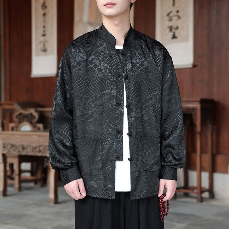 Veste homme à manches longues avec poches, motif jacquard de Buddha Stones et feuilles d'automne, fermeture à boutons brandebourg - Noir - US/UK/AU46，EU56 (5XL) - image 13