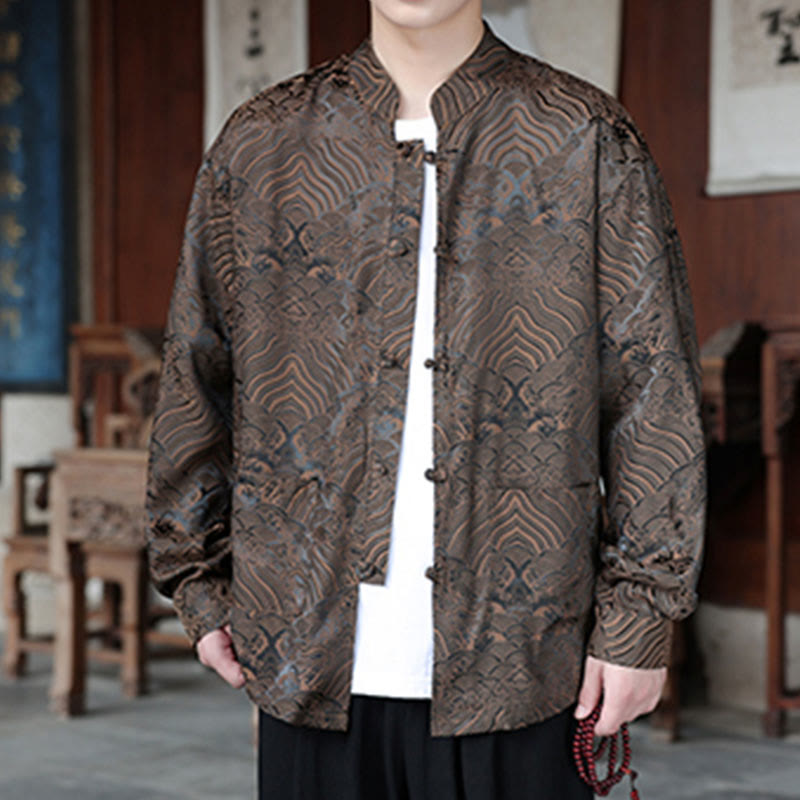 Veste homme à manches longues avec poches, motif jacquard de Buddha Stones et feuilles d'automne, fermeture à boutons brandebourg - image 2