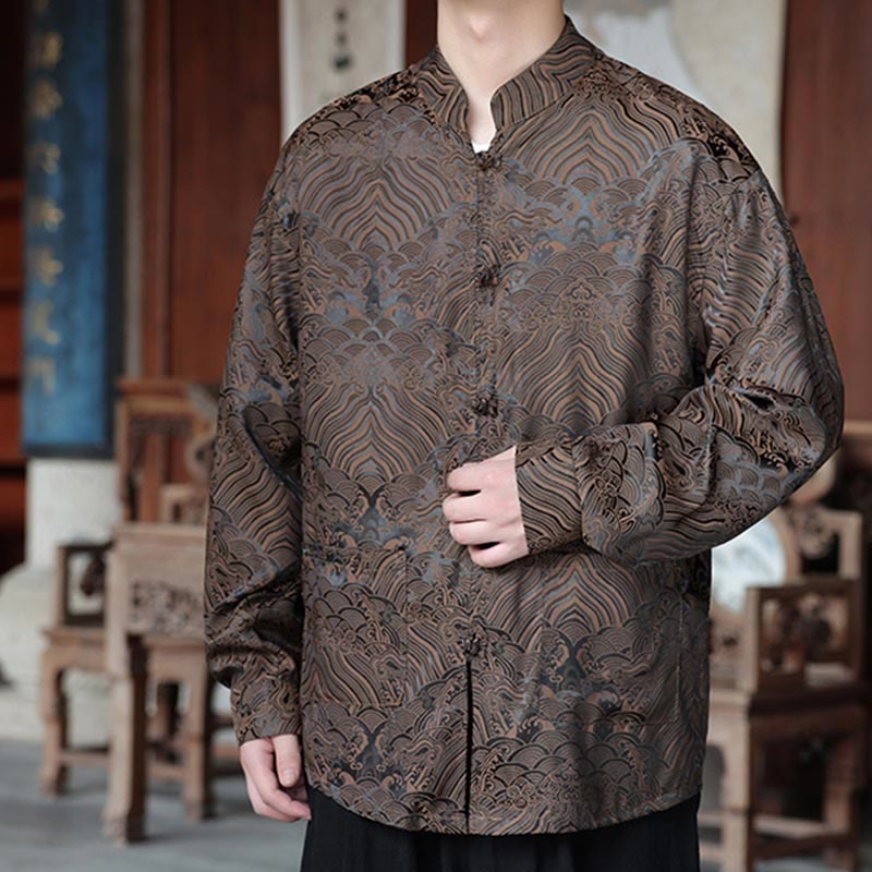 Veste homme à manches longues avec poches, motif jacquard de Buddha Stones et feuilles d'automne, fermeture à boutons brandebourg - image 1