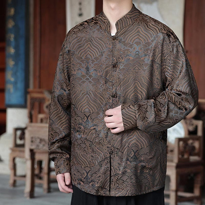 Veste homme à manches longues avec poches, motif jacquard de Buddha Stones et feuilles d'automne, fermeture à boutons brandebourg - image 1