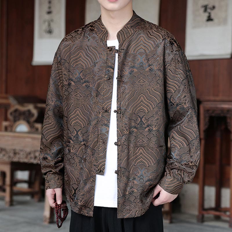 Veste homme à manches longues avec poches, motif jacquard de Buddha Stones et feuilles d'automne, fermeture à boutons brandebourg - image 8