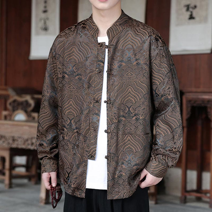 Veste homme à manches longues avec poches, motif jacquard de Buddha Stones et feuilles d'automne, fermeture à boutons brandebourg - image 8