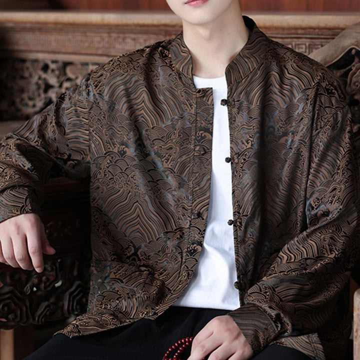 Veste homme à manches longues avec poches, motif jacquard de Buddha Stones et feuilles d'automne, fermeture à boutons brandebourg - image 3