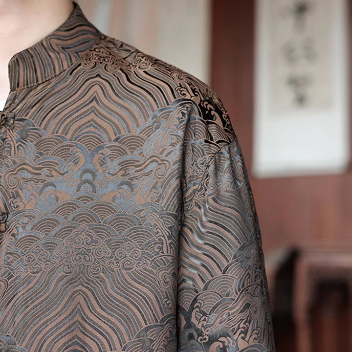 Veste homme à manches longues avec poches, motif jacquard de Buddha Stones et feuilles d'automne, fermeture à boutons brandebourg - image 10