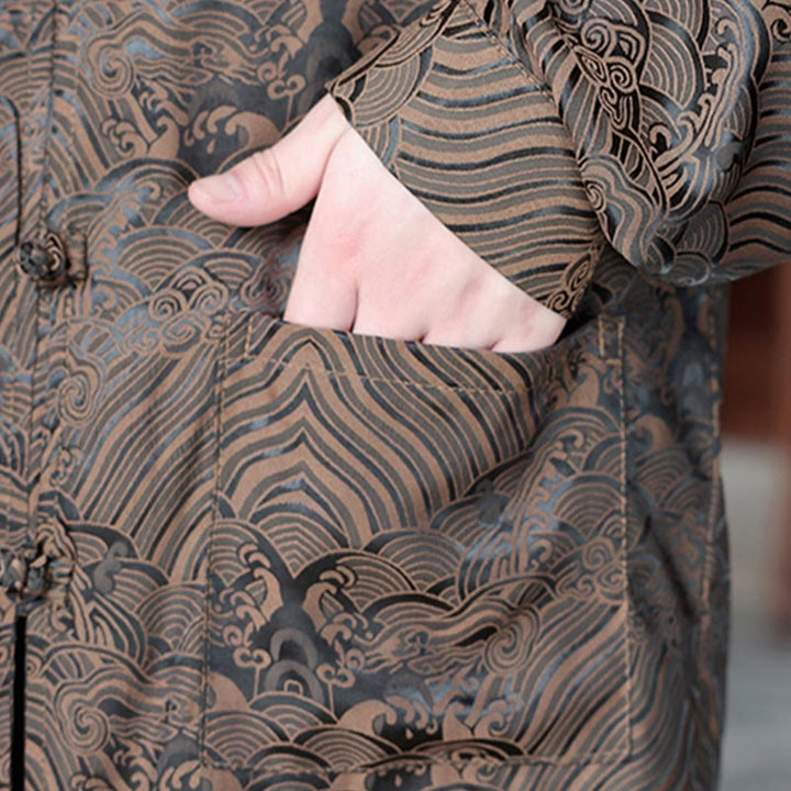 Veste homme à manches longues avec poches, motif jacquard de Buddha Stones et feuilles d'automne, fermeture à boutons brandebourg - image 11