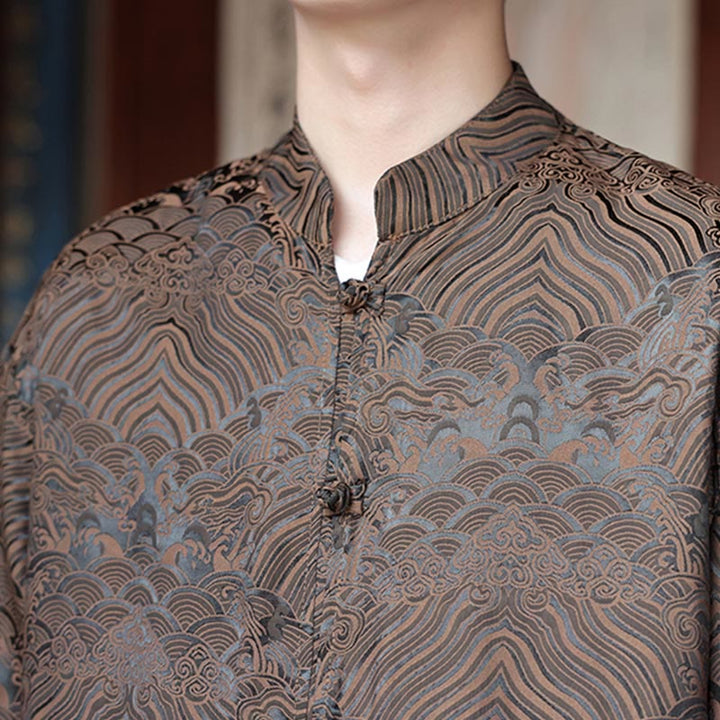 Veste homme à manches longues avec poches, motif jacquard de Buddha Stones et feuilles d'automne, fermeture à boutons brandebourg - image 9