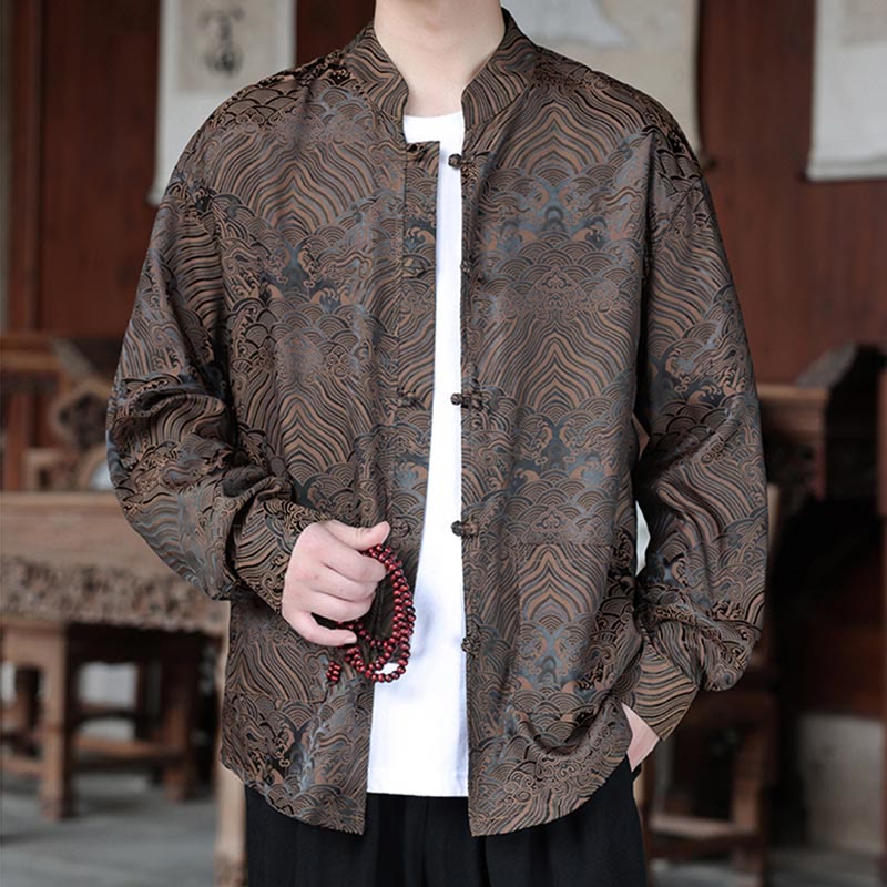 Veste homme à manches longues avec poches, motif jacquard de Buddha Stones et feuilles d'automne, fermeture à boutons brandebourg - image 5
