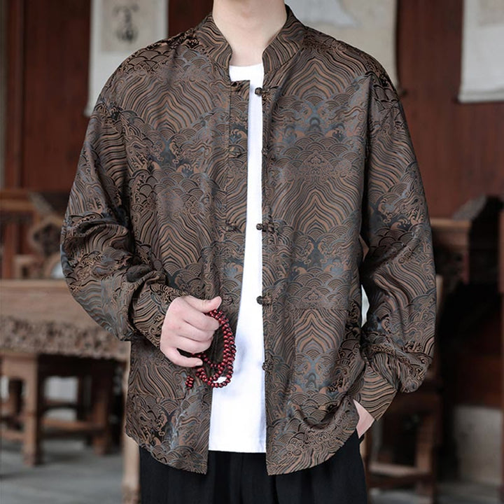 Veste homme à manches longues avec poches, motif jacquard de Buddha Stones et feuilles d'automne, fermeture à boutons brandebourg - image 5