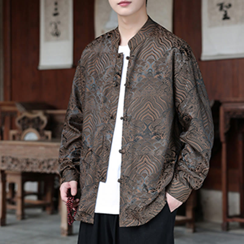 Veste homme à manches longues avec poches, motif jacquard de Buddha Stones et feuilles d'automne, fermeture à boutons brandebourg - image 7