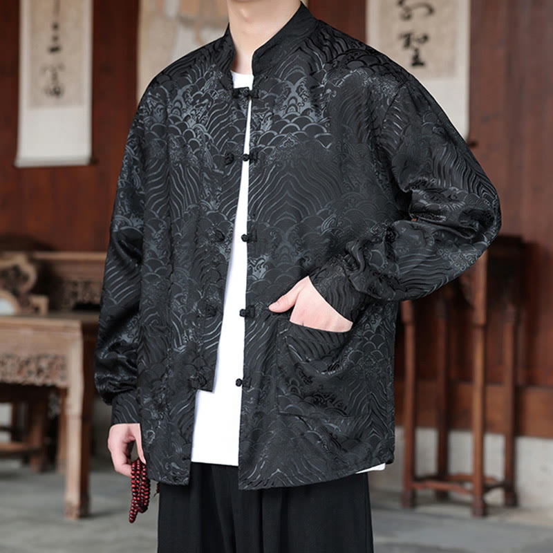 Veste homme à manches longues avec poches, motif jacquard de Buddha Stones et feuilles d'automne, fermeture à boutons brandebourg - image 15