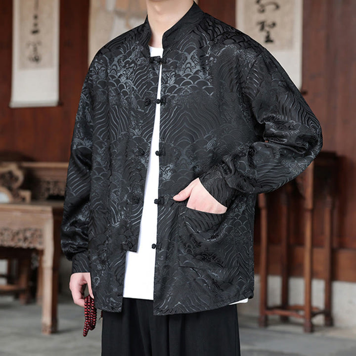 Veste homme à manches longues avec poches, motif jacquard de Buddha Stones et feuilles d'automne, fermeture à boutons brandebourg - image 15