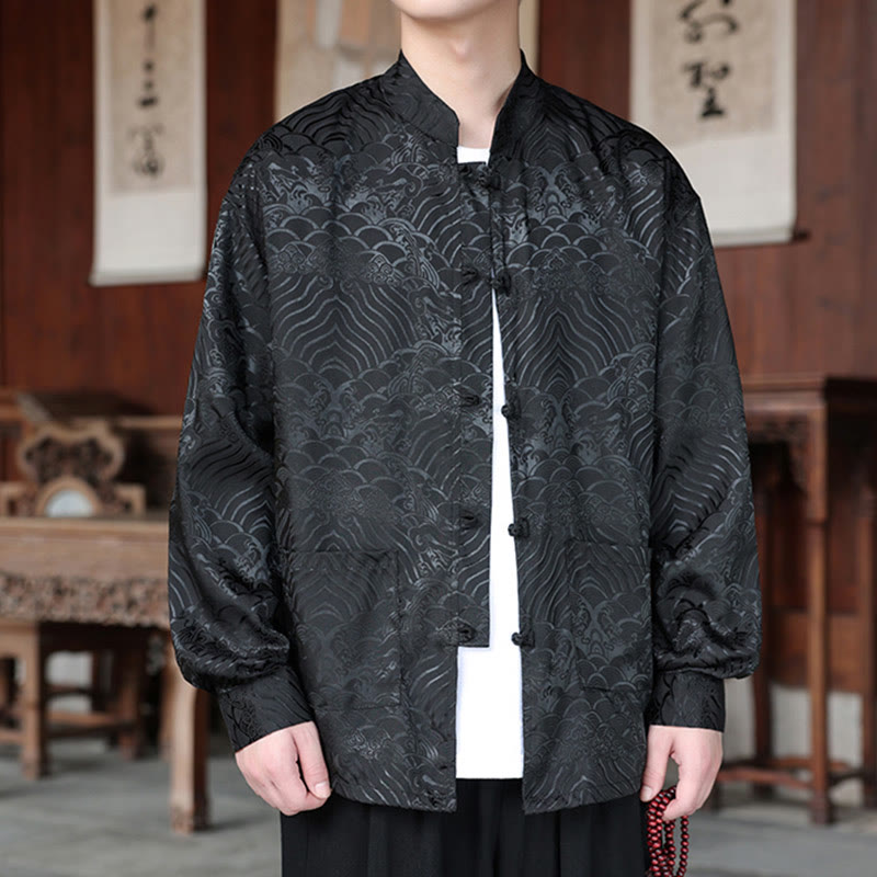 Veste homme à manches longues avec poches, motif jacquard de Buddha Stones et feuilles d'automne, fermeture à boutons brandebourg - image 14