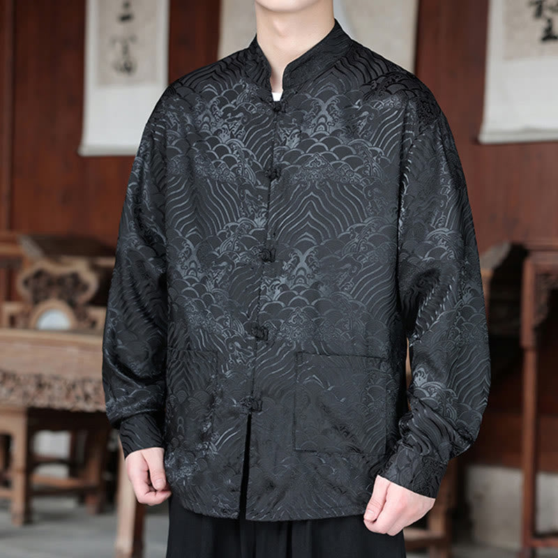 Veste homme à manches longues avec poches, motif jacquard de Buddha Stones et feuilles d'automne, fermeture à boutons brandebourg - image 17