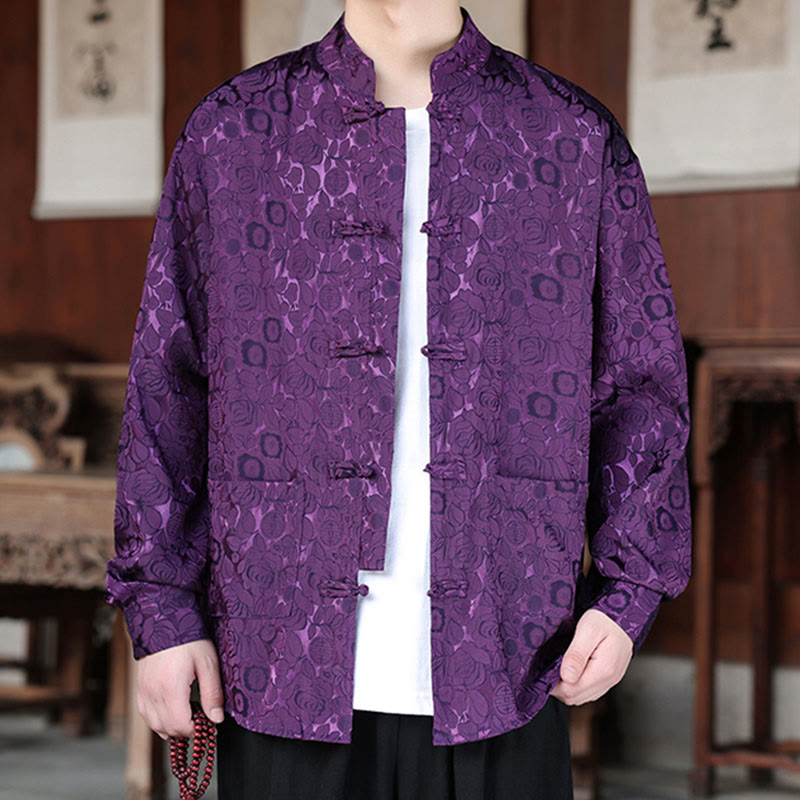 Veste homme à manches longues avec poches, motif jacquard de Buddha Stones et feuilles d'automne, fermeture à boutons brandebourg - image 20