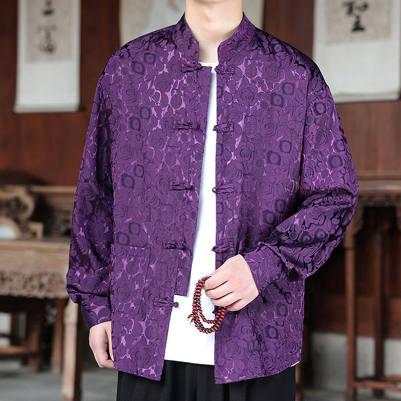 Veste homme à manches longues avec poches, motif jacquard de Buddha Stones et feuilles d'automne, fermeture à boutons brandebourg - image 25