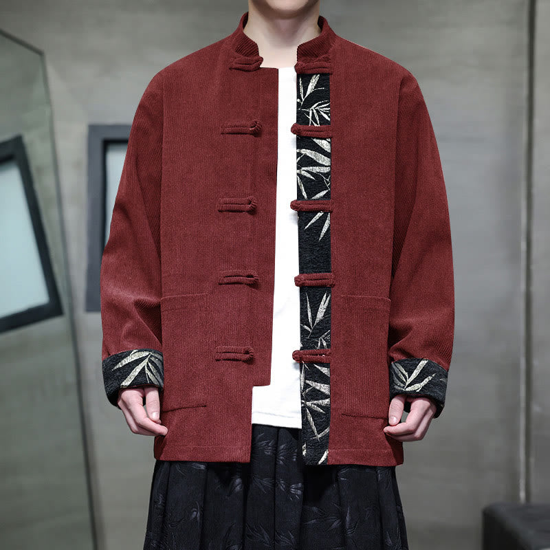 Veste en velours côtelé de coton à manches longues pour homme, avec poches, Buddha Stones d'automne et boutons en bambou. - Rouge foncé - US/UK/AU46，EU56 (5XL) - image 0