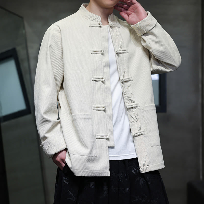 Veste en velours côtelé de coton à manches longues pour homme, avec poches, Buddha Stones d'automne et boutons en bambou. - Lin - US/UK/AU46，EU56 (5XL) - image 14