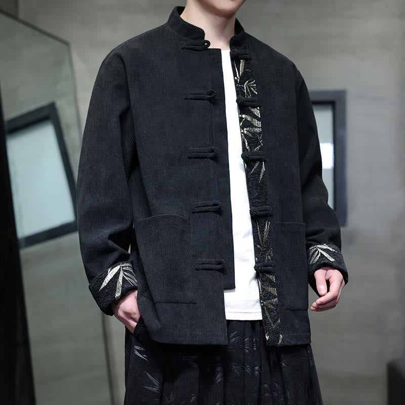 Veste en velours côtelé de coton à manches longues pour homme, avec poches, Buddha Stones d'automne et boutons en bambou. - Noir - US/UK/AU46，EU56 (5XL) - image 5