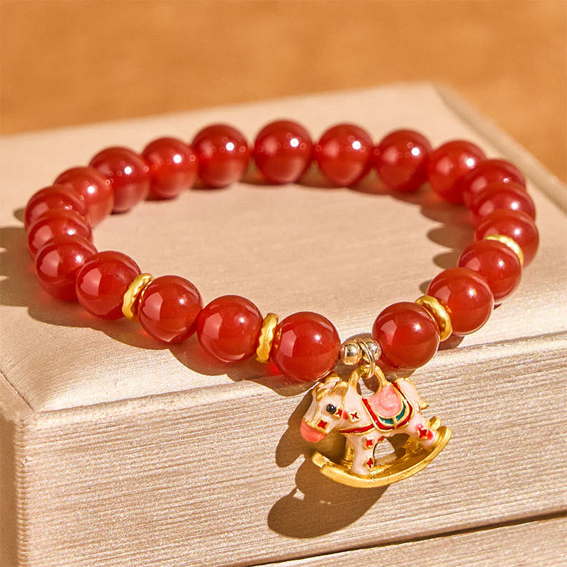 Buddha Stones Bracelet Calme et Confiance en Agate Rouge Cinabre Naturelle Année du Cheval - Bracelet en agate rouge et cheval rose (tour de poignet 14-17 cm) - image 7