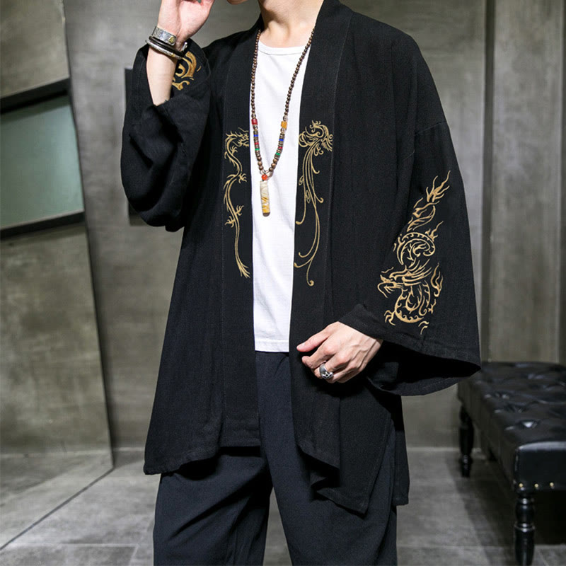 Kimono en coton pour homme , Buddha Stones dragon et phénix, ouvert sur le devant, manches longues - image 2