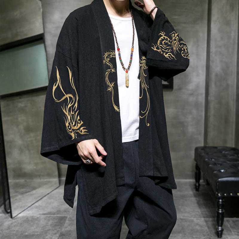 Kimono en coton pour homme , Buddha Stones dragon et phénix, ouvert sur le devant, manches longues - Noir - US/UK/AU46，EU56 (5XL) - image 0