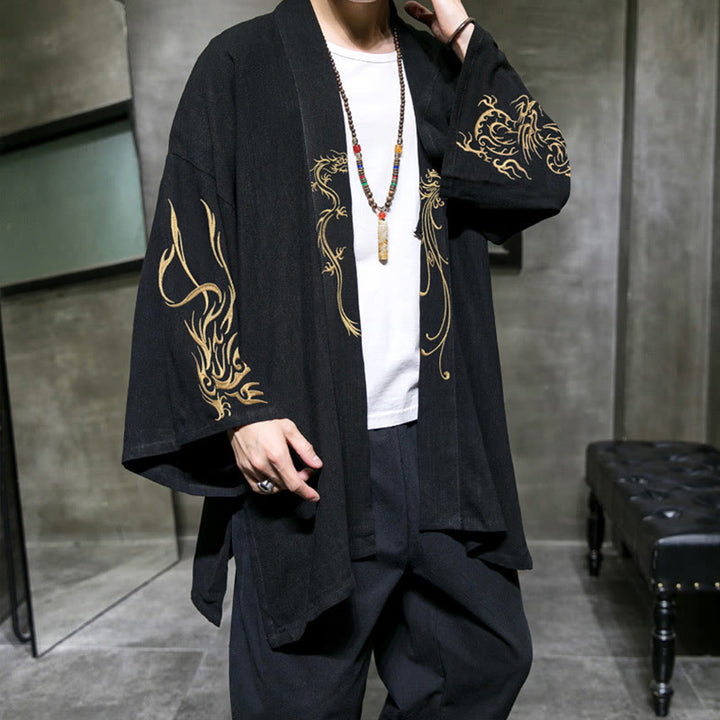 Kimono en coton pour homme , Buddha Stones dragon et phénix, ouvert sur le devant, manches longues - Noir - US/UK/AU46，EU56 (5XL) - image 0