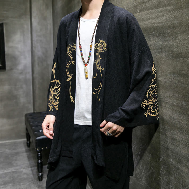Kimono en coton pour homme , Buddha Stones dragon et phénix, ouvert sur le devant, manches longues - image 3