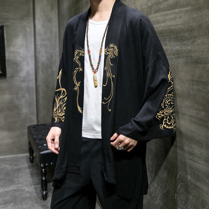 Kimono en coton pour homme , Buddha Stones dragon et phénix, ouvert sur le devant, manches longues - image 3