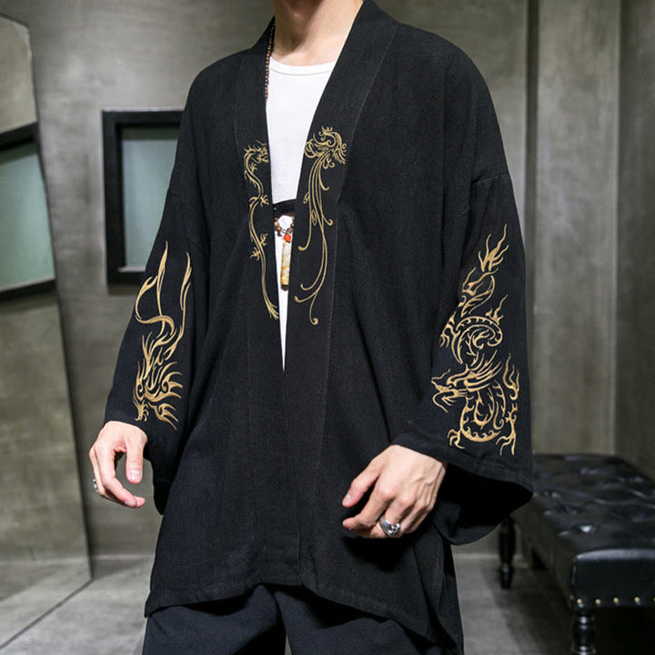 Kimono en coton pour homme , Buddha Stones dragon et phénix, ouvert sur le devant, manches longues - image 5