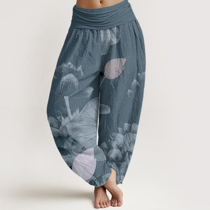 Pantalon sarouel taille élastique pour femme Buddha Stones et lotus rose et blanc - SteelBlue - US22，UK/AU26，EU54 (6XL) - image 4