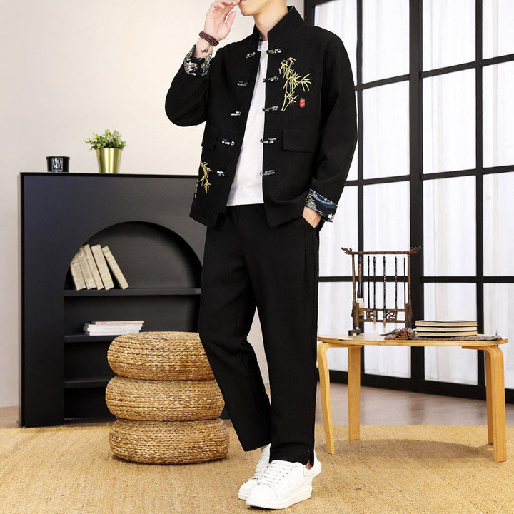 Ensemble de vêtements pour homme Buddha Stones 2 pièces Tang Suit Bamboo Frog-Button : chemise à manches longues et pantalon - Noir - US/UK/AU44，EU54 (4XL) - image 0