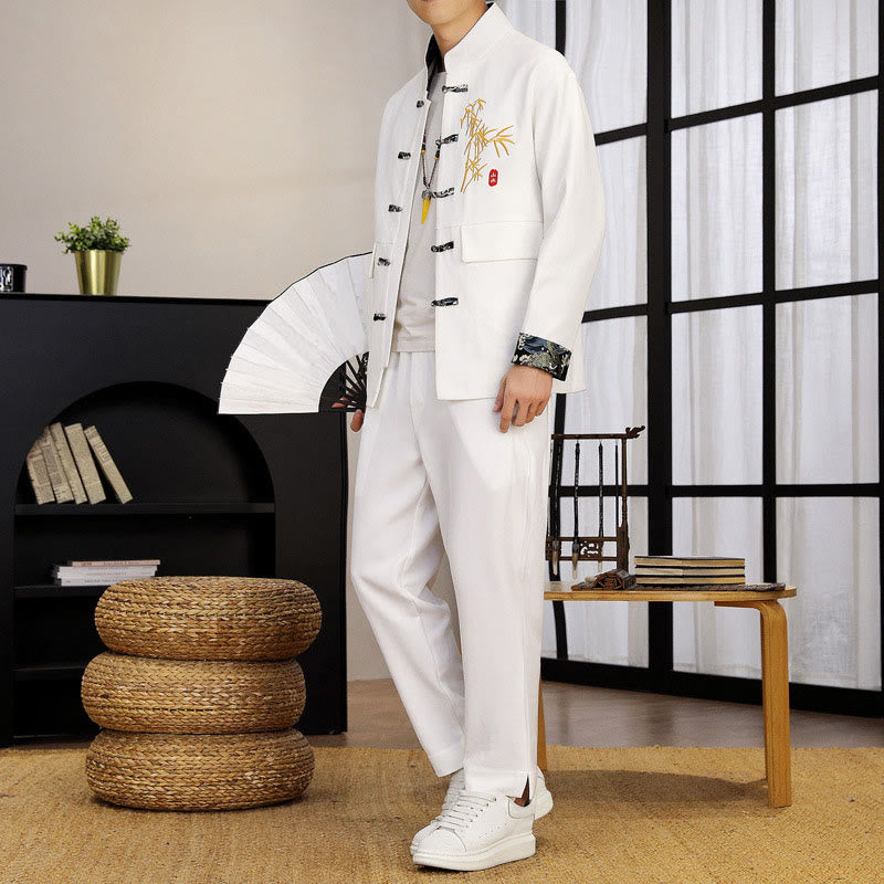 Ensemble de vêtements pour homme Buddha Stones 2 pièces Tang Suit Bamboo Frog-Button : chemise à manches longues et pantalon - Blanc - US/UK/AU44，EU54 (4XL) - image 10