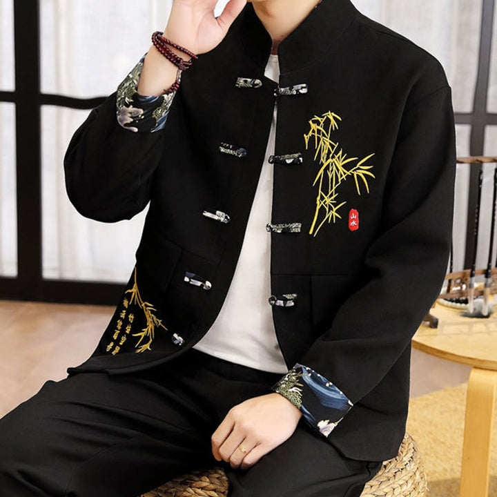 Ensemble de vêtements pour homme Buddha Stones 2 pièces Tang Suit Bamboo Frog-Button : chemise à manches longues et pantalon - image 3