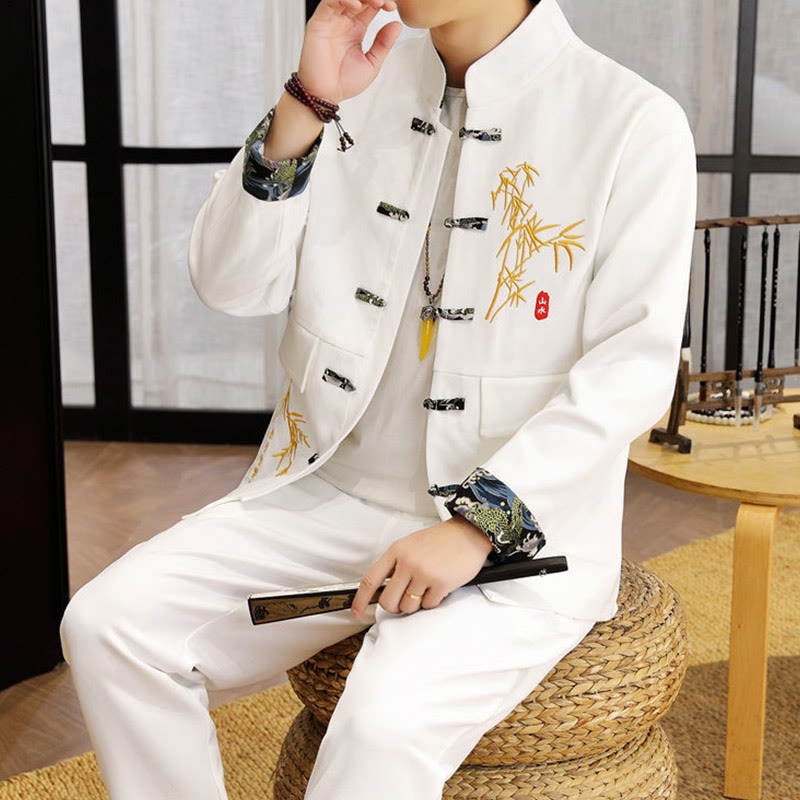 Ensemble de vêtements pour homme Buddha Stones 2 pièces Tang Suit Bamboo Frog-Button : chemise à manches longues et pantalon - image 13