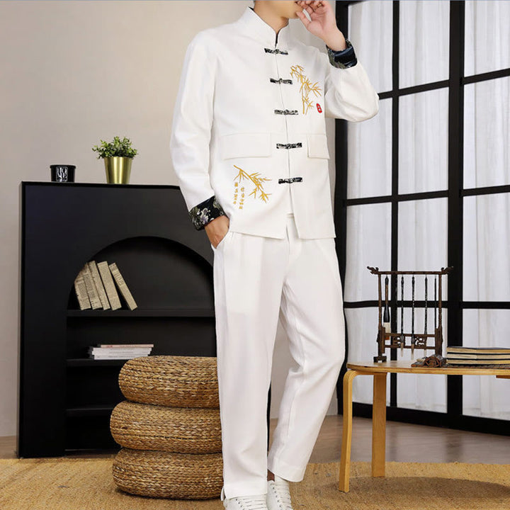 Ensemble de vêtements pour homme Buddha Stones 2 pièces Tang Suit Bamboo Frog-Button : chemise à manches longues et pantalon - image 12