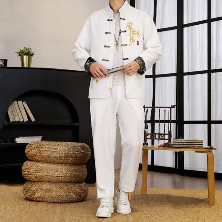 Ensemble de vêtements pour homme Buddha Stones 2 pièces Tang Suit Bamboo Frog-Button : chemise à manches longues et pantalon - image 11