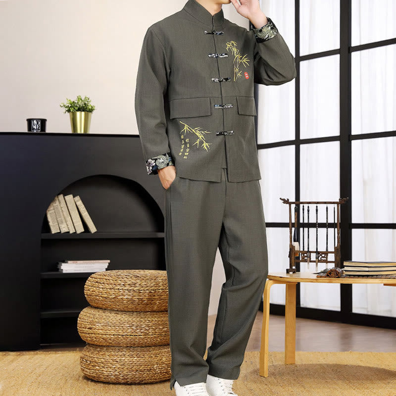 Ensemble de vêtements pour homme Buddha Stones 2 pièces Tang Suit Bamboo Frog-Button : chemise à manches longues et pantalon - image 17