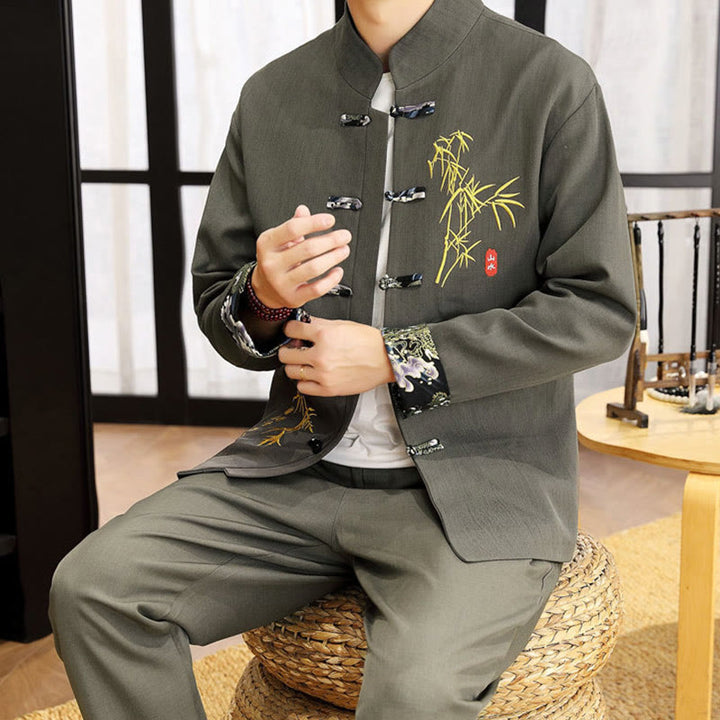 Ensemble de vêtements pour homme Buddha Stones 2 pièces Tang Suit Bamboo Frog-Button : chemise à manches longues et pantalon - image 18