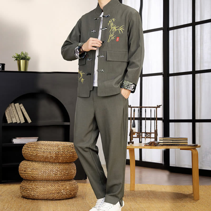 Ensemble de vêtements pour homme Buddha Stones 2 pièces Tang Suit Bamboo Frog-Button : chemise à manches longues et pantalon - image 15